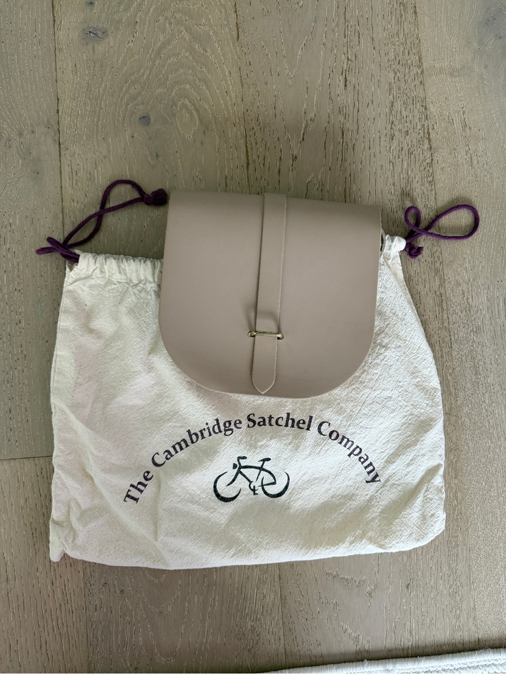 The Cambridge Satchel Company Taupe Flap Crossbody with Purple Drawstrings